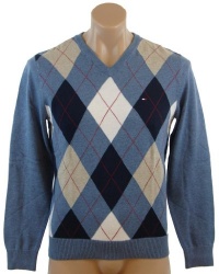 Tommy Hilfiger Mens Long Sleeve Argyle V-Neck Pullover Sweater - S - Blue/Navy/Grey...