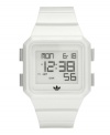 Retro, video game-inspired timekeeping by adidas. Peachtree watch crafted of white plastic bracelet and square case. Positive display digital dial features day, date, time, alarm, chronograph, interval timer and 10-lap memory. Quartz movement. Water resistant to 50 meters. Two-year limited warranty.