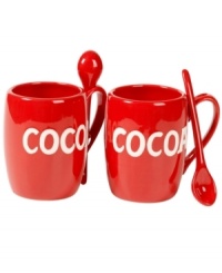 Make a cold weather treat feel extra warm and cozy with novelty cocoa mugs and spoons from Bella. Bright red earthenware labeled in big block letters is something the whole family can enjoy.