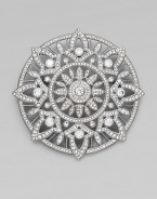 A circular design with a multi-leaf motif embellished in beautiful stones. Rhodium plated brassCrystalsCubic zirconiaSize, about 2½Pin backImported 