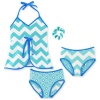 Chez Ami by Patsy Aiken Designs Girls Swim Two Piece Tankini Top/Bikini Bottom Set FREE scrunchie Aqua/Blue/White Zig Zag Print UPF 50+ - Size 6