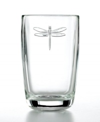 A festive addition to meals enjoyed al fresco, Dragonfly glassware stars one bug you won't mind in your drink. Each highball glass features a raised dragonfly, a symbol of water and the rebirth of spring. Made of thick, sturdy glass for everyday enjoyment.