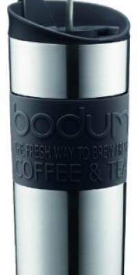 Bodum Double-Wall Stainless Steel Travel Coffee and Tea Press with Bonus Lid, 0.45L, 16oz, Black