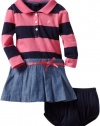 Nautica Sportswear Kids Baby-girls Infant Long Sleeve Striped Rugby Top With Attached Chambray Skirt, Medium Pink, 24 Months