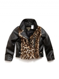 GUESS Kids Girls Big Girl Pleather Jacket with Faux-Fur T, BLACK (14)