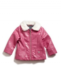 GUESS Kids Girls Pleather Jacket with Faux-Fur Collar, DEEP PINK (12M)