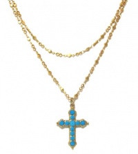 Catherine Popesco 14K Gold Plated Double Chain Cross Pendant Necklace with Turquoise Swarovski Crystals