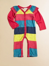 A precious little one-piece for baby in a snap-front silhouette with a rainbow of colorful stripes.V-neckRuffled shouldersLayered-look long sleevesSnap front and bottom50% cotton/50% modalMachine washImported Please note: Number of snaps may vary depending on size ordered. 