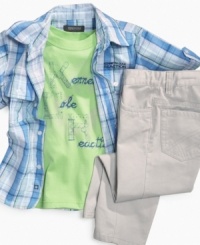 Breezy. This crisp t-shirt, button-front shirt and pants set from Kenneth Cole is a simple and stylish look.