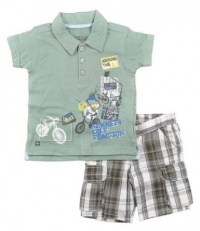 Kenneth Cole Infant Boys Mint Polo & Brown Plaid 2Pc Short Set (12M)