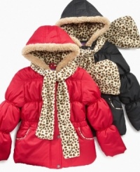 Leopard-print accents throughout this set give her style a fierce look – this Pink Platinum puffer jacket, including a hat and scarf will keep her warm this winter.