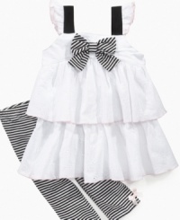 Getting her ready is as simple as black and white with this bold ruffle dress and legging set from Kids Headquarters.