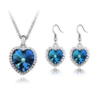 Contessa Bella Fancy Genuine 18k White Gold Plated Sparkling Bermuda Blue and Clear Swarovski Austrian Crystal Elements Beautiful Titanic Heart of the Ocean Framed Hearts Charm Pendant Women Necklace and Earrings Set Elegant Silver Color Crystal Fashion J