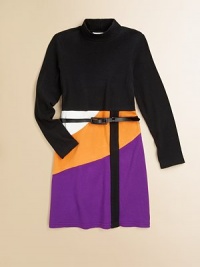 Unique colorblock construction adds a splash of color to this mock neck style; completed with a belted waist for a polished look. Mock neck Belted waist Back zip closure 95% cotton/5% spandex Fully lined skirt Machine wash Imported 