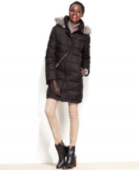 A quilted puffer coat from DKNY will keep you warm and toasty as the days grow colder. Chic faux fur trim adds a touch of luxe appeal!