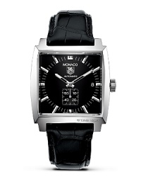 In 1969, TAG Heuer broke with tradition by creating the first square-cased, water-resistant watch in the history of watchmaking. Powered by the famous Chronomatic Calibre 11, the Monaco is also the world's first automatic chronograph. With black dial and a polished steel bezel. Features a date window.