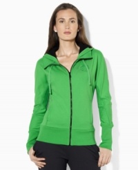 Lauren by Ralph Lauren's bright hue and soft stretch fleece construction make this full-zip track jacket-gone-hoodie a cozy essential for active days and chilly nights. (Clearance)