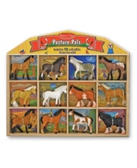 These twelve different horses feature velvety texturing, plus realistic manes and tails! Each horse stores in its own compartment in the wooden barn shaped crate. An informative identification key is included.