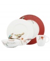 Make any meal sing with the irresistible watercolor scenes and new scarlet accents of Chirp dinnerware from Lenox Simply Fine. Fanciful birds and blooms play up a bone china place setting designed to transition flawlessly from oven to table.