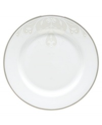 Refine your formal table with classic cream and white. Trimmed in platinum and accented with a raised dot and scroll pattern, this china dinnerware brings contemporary grace to special occasions. A pearlized finish adds subtle shimmer.