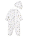 Bouncing with adorable 50s-style bear print, this cozy footie and matching cap will keep him warm and stylish from playtime to bedtime.