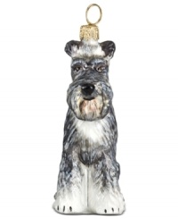 Just begging for a home, this Schnauzer ornament has puppy dog eyes and a beautiful coat in hand-painted glass by Joy to the World.