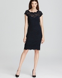 This romantic ML Monique Lhuillier sheath makes a stunning statement with luxe lace and impeccable tailoring.