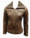 Michael Kors Zip Front Knitted Collar Leather Jacket-Cocoa-L