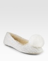 Pristine cabled cotton is adorned with glitter and a soft, pompom at the toe.Round toe Suede sole Imported