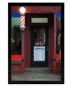 Complete with a red, white and blue barber's pole, Ashley Beck's old-time barber shop print gives your decor a sense of happy nostalgia. On canvas with a sleek black wood frame.