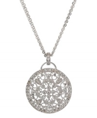 Filled with intricate beauty, this glittering CRISLU pendant features round-cut cubic zirconias (1-2/5 ct. t.w.) set in platinum over sterling silver. Approximate length: 16 inches + 2-inch extender. Approximate drop: 1 inch.