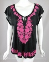 INC International Concepts Womens Black Pink Embroidered Top P L