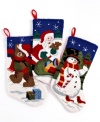 Have a tight-knit holiday. Adorable Christmas stockings sewn with a bear, Santa and snowman are gifts in themselves at nearly two feet long with festive snowflake trim. Each reverses to solid red.