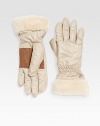 Keep your hands extra warm in this stylish nylon design with plush shearling cuff and easy-grip deerskin palm. Dyed sheepskin shearlingCinched wristAbout 10½ longPolyester; dry cleanImportedFur origin: Spain