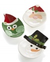 Irresistibly cute and cartoonish, these figural candy bowls set the tone for a holly, jolly Christmas. An owl, Santa and snowman pop in bright, fun colors to complement Christmas Cut-Outs dinnerware.