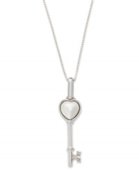 The key to romance. This adorable heart-shaped key pendant features a shimmery Mother of Pearl heart (7 mm) and sparkling diamond accents. Set in sterling silver. Approximate length: 18 inches. Approximate drop length: 1-1/4 inches. Approximate drop width: 1/4 inch.