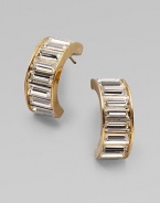 An elegant style with baguette rhinestones in a goldtone setting. Goldtone brassLength, about ¾14k gold post backImported 