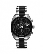 A hard-hitting take on sporty style, Emporio Armani's bold black-faced chronograph is an athletic add-on. Wear it to work or to work out; it will be on-trend anywhere you fasten it.