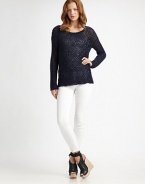 Open-stitch cotton boatneck with dropped shoulders and long dolman sleeves. BoatneckDropped shouldersLong dolman sleevesCottonDry cleanImported