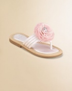 Not for the beach, these party flip flops are graced with soft tulle rosettes for a fun, festive look.Terylene satin upperThong front with multi straps across the middleComposite rubber solePadded insoleFaux leather liningImported