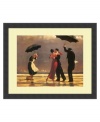 Jack Vettriano's distinctive and widely popular works conjure romantic, fanciful settings with 1920s-inspired motifs. This whimsical scene of singing and dancing in the rain is elegantly finished in a simple, satin black frame.