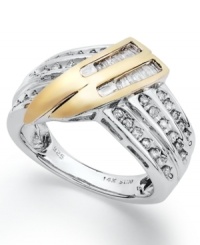 Add a sparkling twist. This pretty ring combines sterling silver and 14k gold accents with rows of round and baguette-cut diamonds (1/2 ct. t.w.). Size 7.