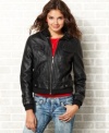 Rock your rebel style in this faux-leather jacket from Jou Jou! Sweater trims plus an extensive seam design makes this jacket a fall must-have.