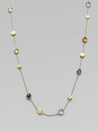 From the Jaipur Links Collection. Sparkling, multi-colored gemstones and abstracted, 18k gold discs drape delicately around the neck in elegant sophistication. Stones may include tourmaline, quartz, topaz, peridot, rhodolite garnet, iolite, tanzanite, aquamarine and apatite 18k gold Length, about 46 Lobster clasp Made in Italy Please note: Stones may vary. 