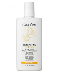 Perfect UV shield to wear every day over your Lancôme moisturizer, under makeup or alone for fun in the sun. Lightweight, oil-free, non-comedogenic sunscreen offers broad spectrum, SPF 50+, UVA/UVB protection. High SPF gives skin more protection from UVB rays that cause sunburn and UVA rays that contribute to skin damage and premature skin aging. Retains SPF after 40 minutes of activity in the water or perspiring. Glides on smoothly; leaves skin with a soft matte finish.