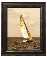 Come sail away. A single boat alone on the horizon makes the breezy art print a quiet yet captivating addition to any seafarer's home. With a dark wooden frame for rustic appeal.