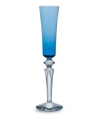 Play with color. Baccarat combines a sapphire-blue gradient and beveled base in Mille Nuits Flutissimo flutes for a look that's both modern and classic. Strong lines in weighty, dishwasher-safe crystal lend bold, effortless elegance to every occasion.