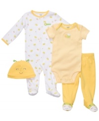 She'll love buzzing around in this 4-piece bodysuit, pant, coverall and hat set from Carter's.