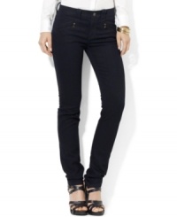 Lauren Jeans Co.'s modernized straight-leg jean channels a chic moto influence in sleek stretch denim with zip pockets at the hips.