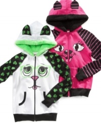 Pick out a cozy kitty or a pretty puppy, these hoodies from Belle du Jour are cute and colorful.